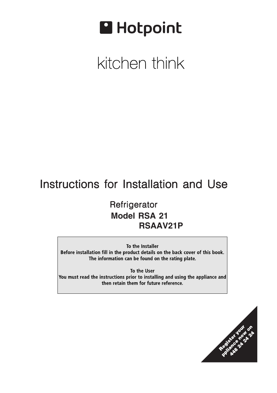 Hotpoint REFRIGERATOR RSA User Manual | 16 pages