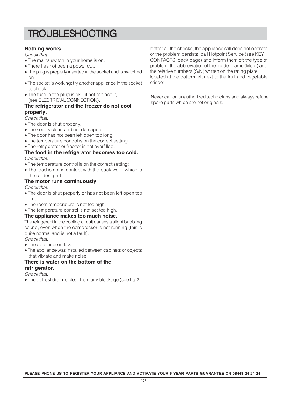 Troubleshooting | Hotpoint REFRIGERATOR RSA User Manual | Page 12 / 16
