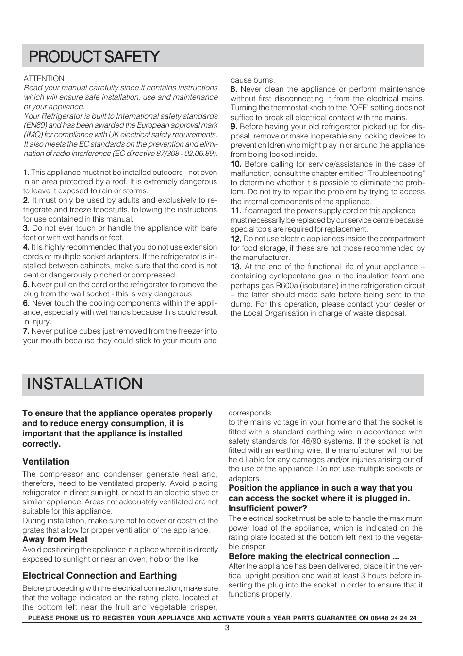 Installation, Product safety | Hotpoint REFRIGERATOR RSA User Manual | Page 3 / 16