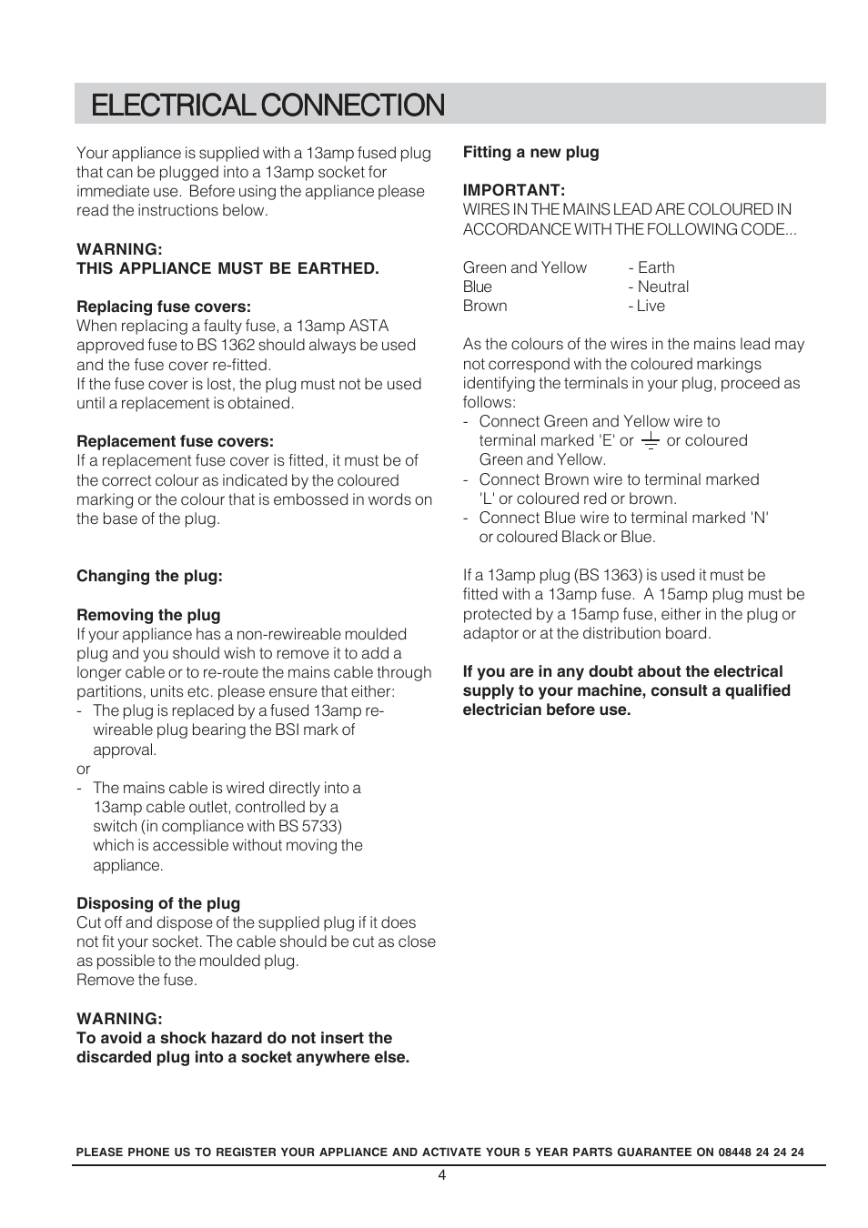 Electrical connection | Hotpoint REFRIGERATOR RSA User Manual | Page 4 / 16
