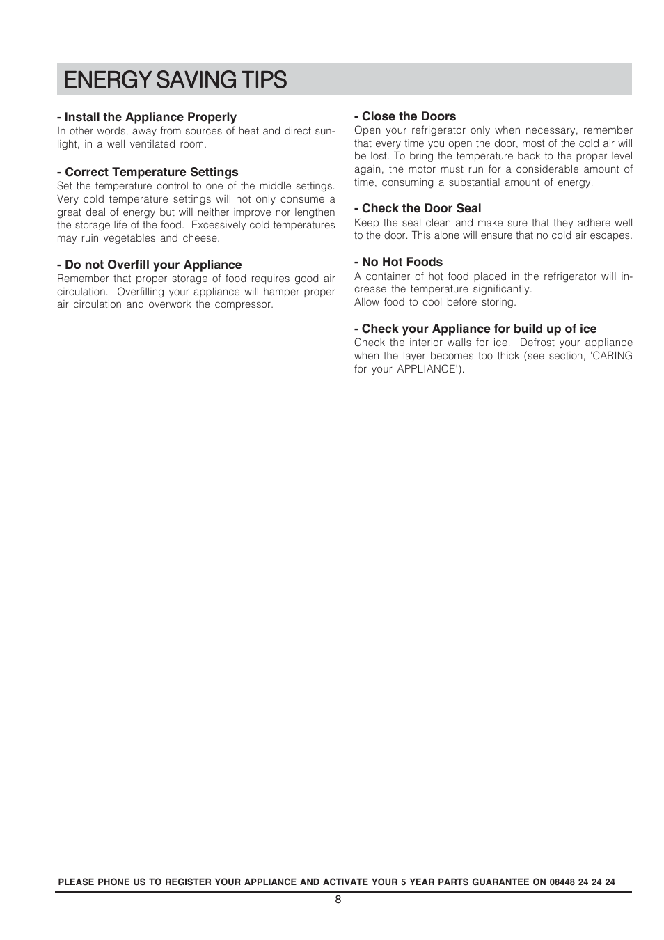 Energy saving tips | Hotpoint REFRIGERATOR RSA User Manual | Page 8 / 16