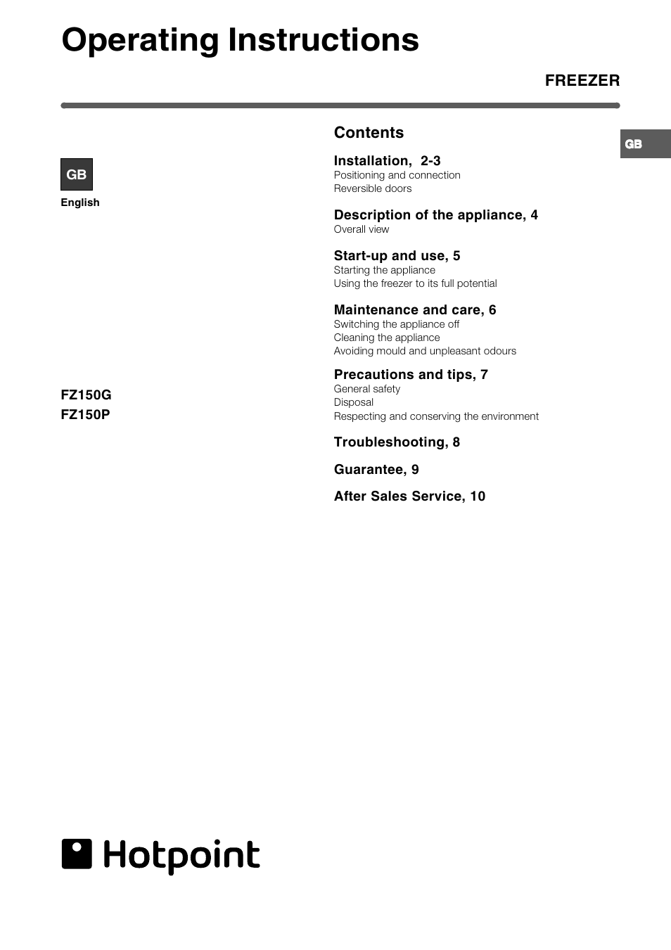 Hotpoint FZ150P User Manual | 12 pages