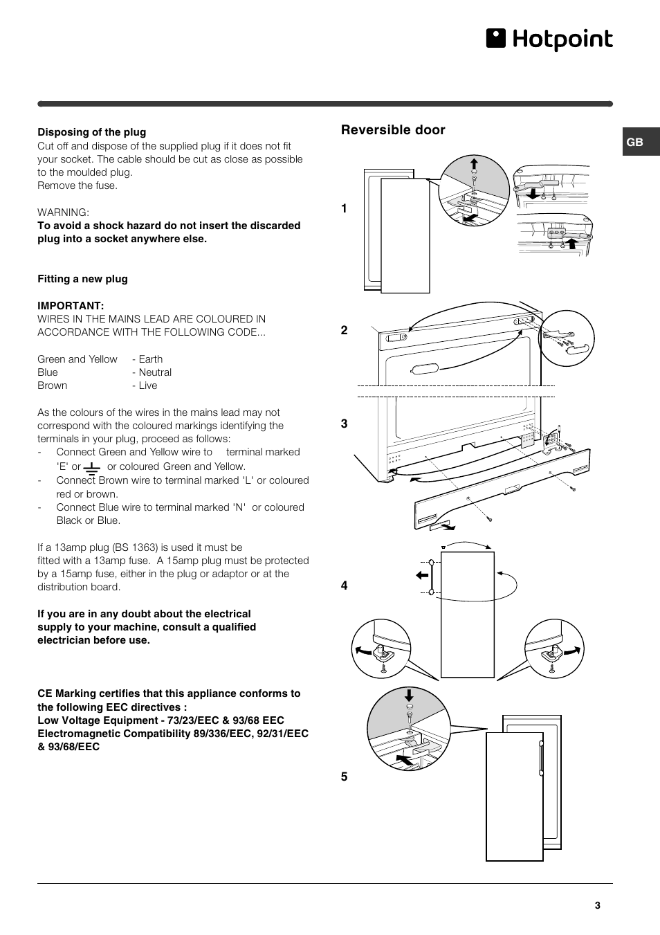 Reversible door | Hotpoint FZ150P User Manual | Page 3 / 12