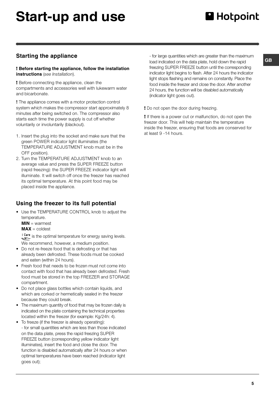 Start-up and use | Hotpoint FZ150P User Manual | Page 5 / 12