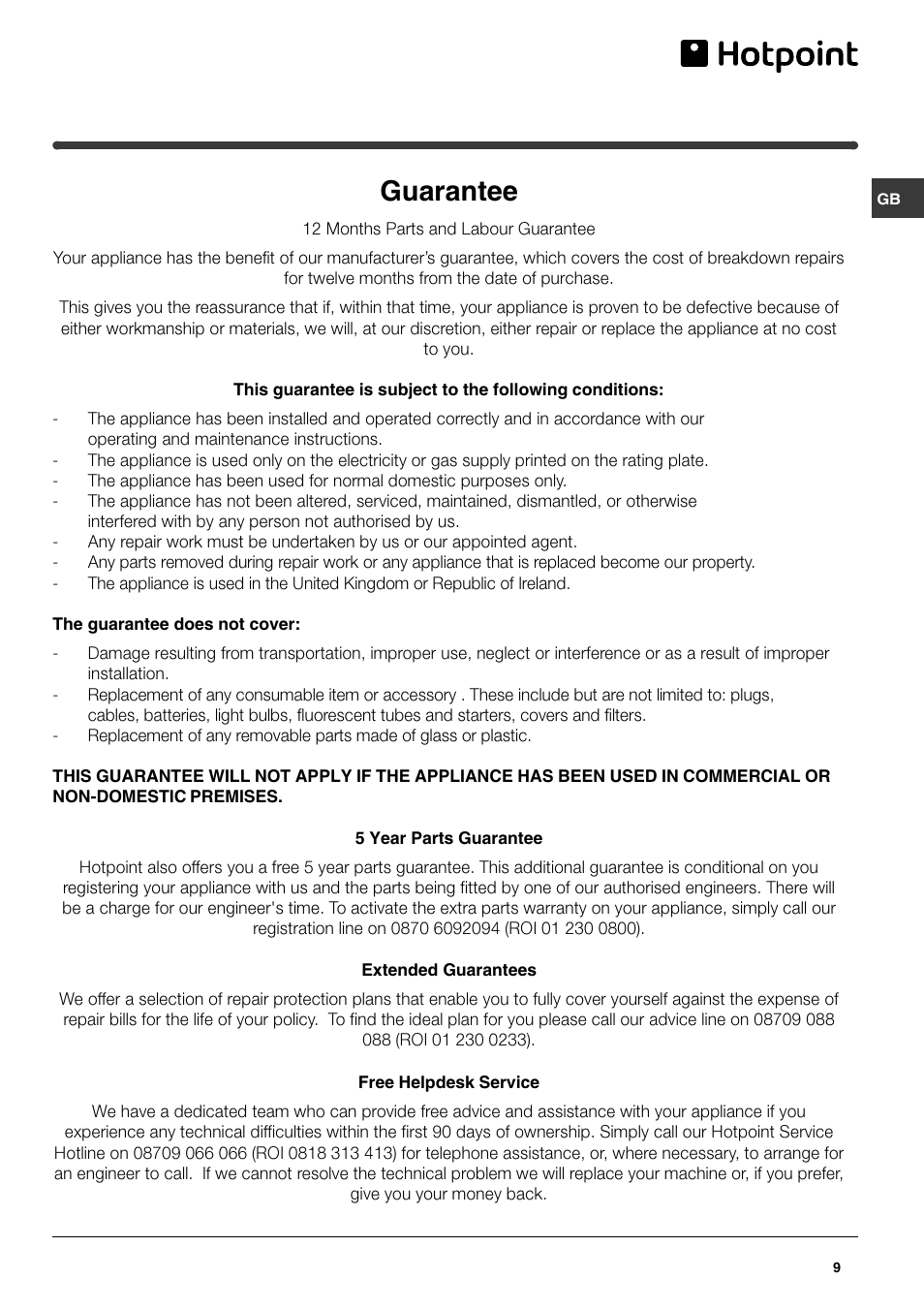 Guarantee | Hotpoint FZ150P User Manual | Page 9 / 12