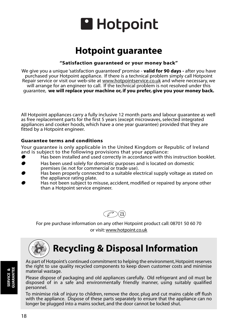 Recycling & disposal information, Hotpoint guarantee | Hotpoint RLM53 User Manual | Page 18 / 20