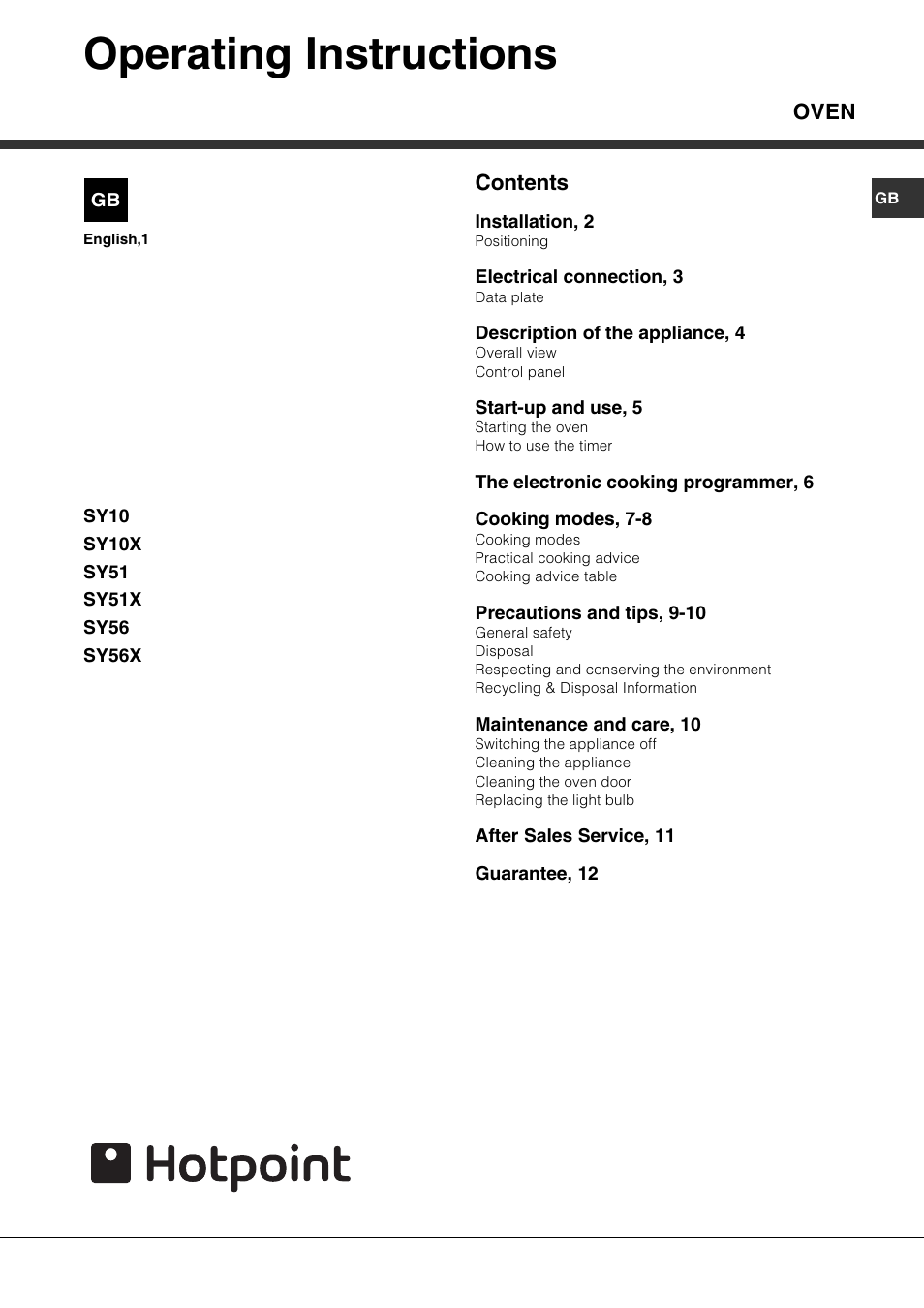 Hotpoint SY10 User Manual | 12 pages