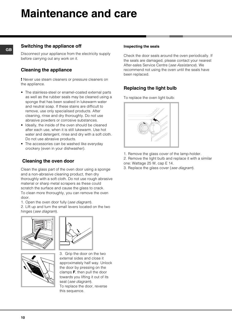 Maintenance and care | Hotpoint SY10 User Manual | Page 10 / 12