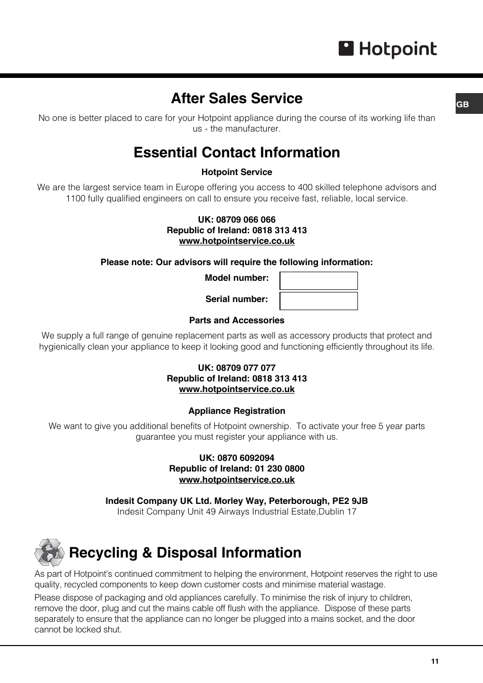 After sales service, Essential contact information, Recycling & disposal information | Hotpoint SY10 User Manual | Page 11 / 12
