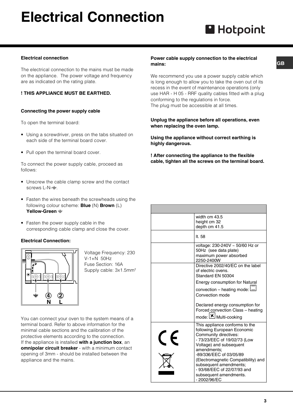 Electrical connection | Hotpoint SY10 User Manual | Page 3 / 12