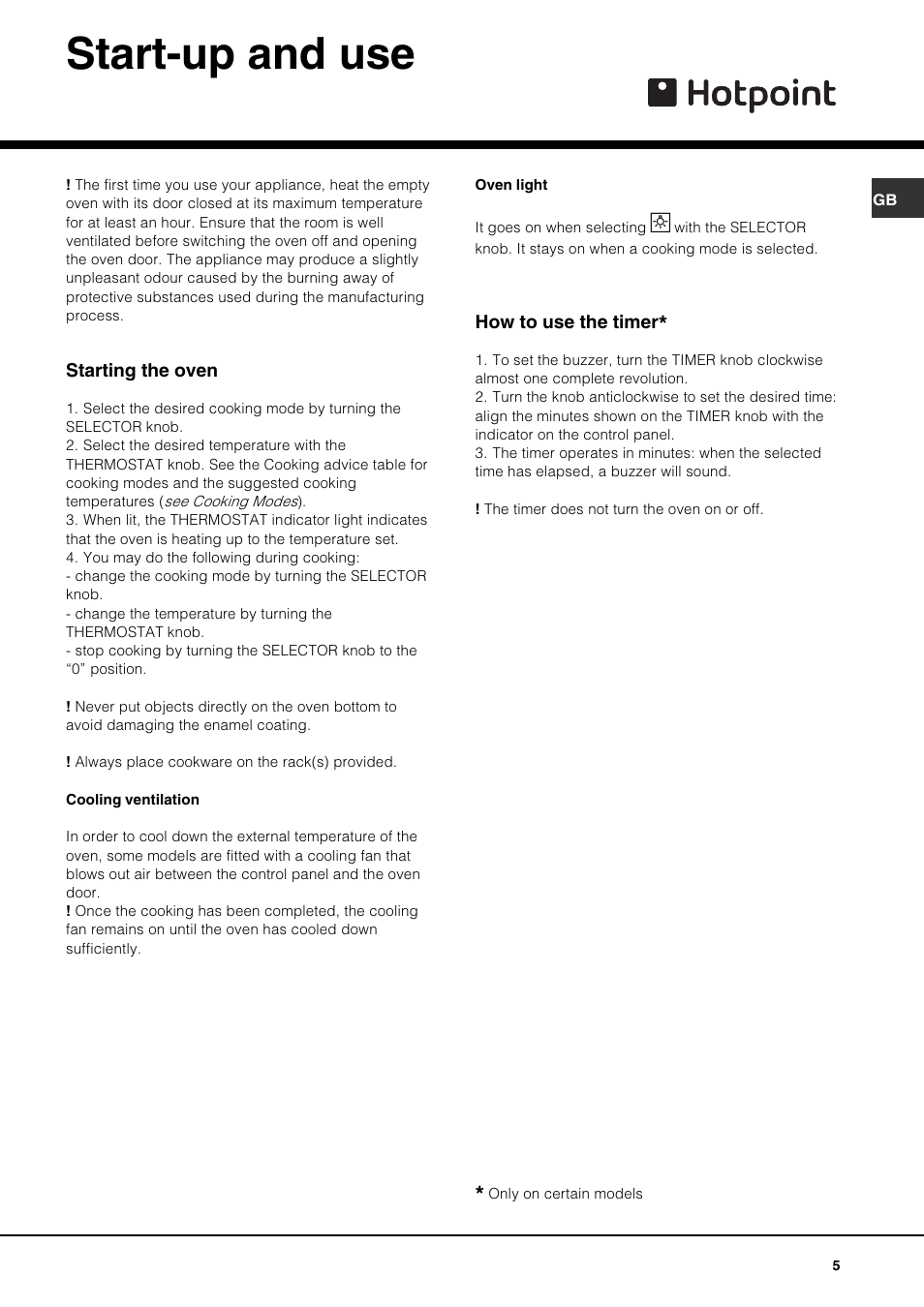 Start-up and use | Hotpoint SY10 User Manual | Page 5 / 12