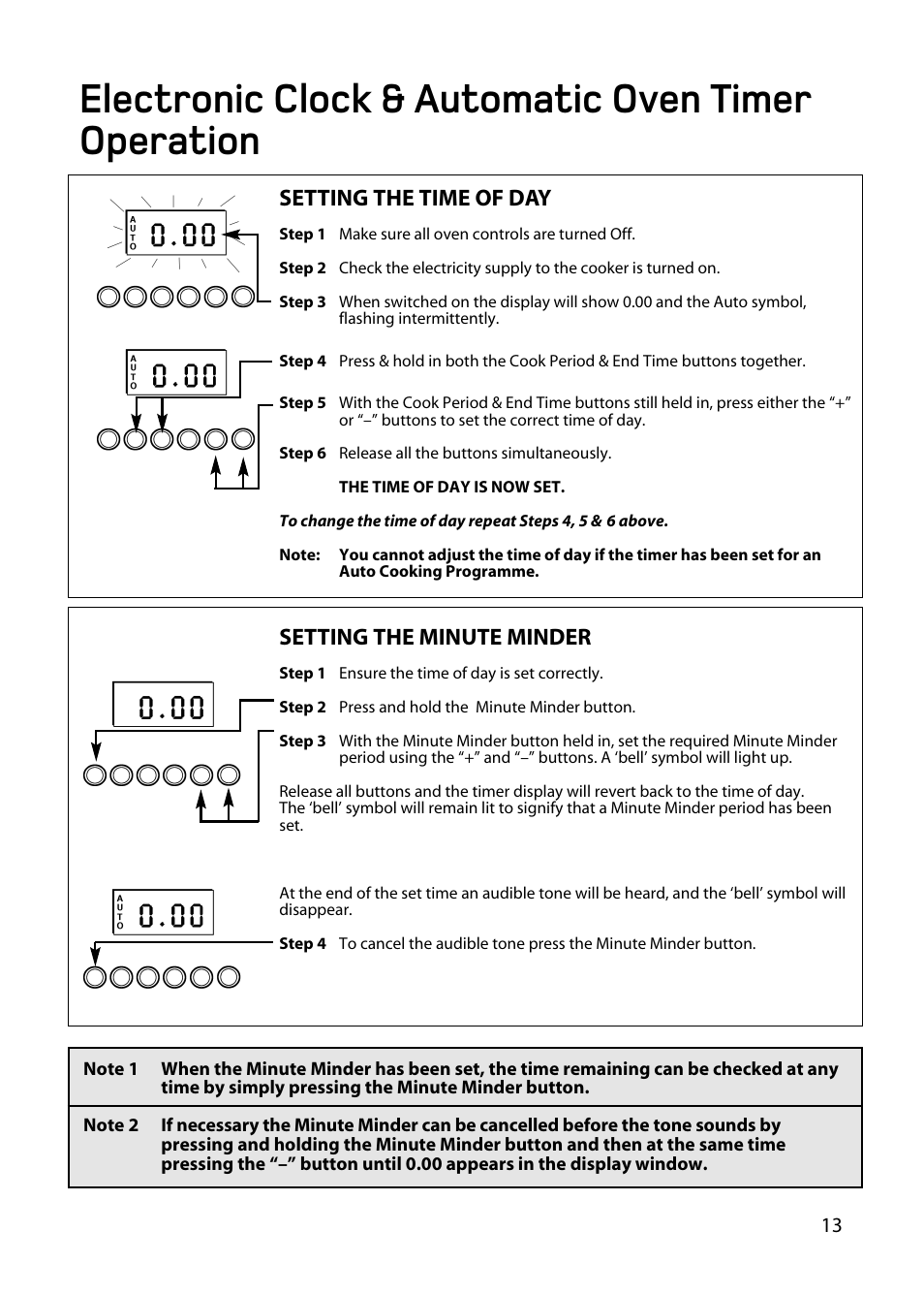 Electronic clock & automatic oven timer operation, Setting the time of day, Setting the minute minder | Hotpoint double oven cookers User Manual | Page 13 / 36
