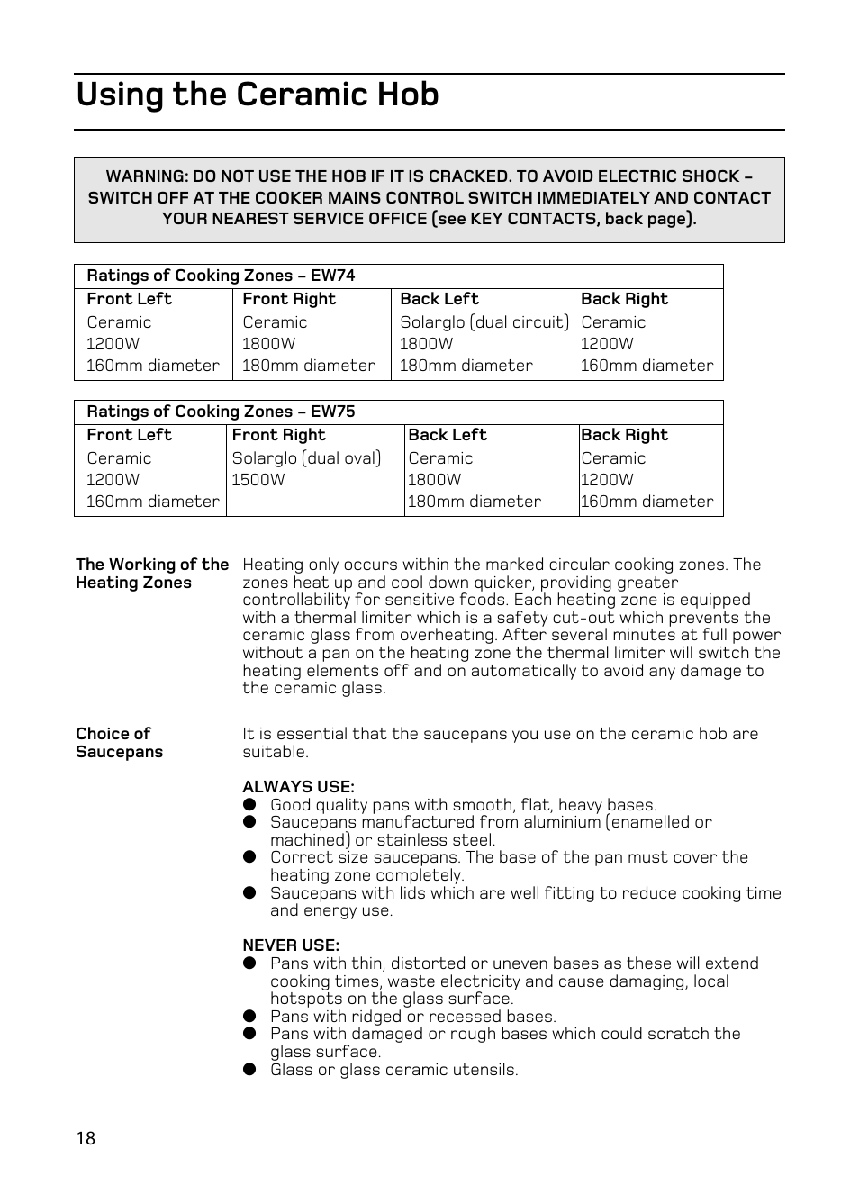 Using the ceramic hob | Hotpoint double oven cookers User Manual | Page 18 / 36