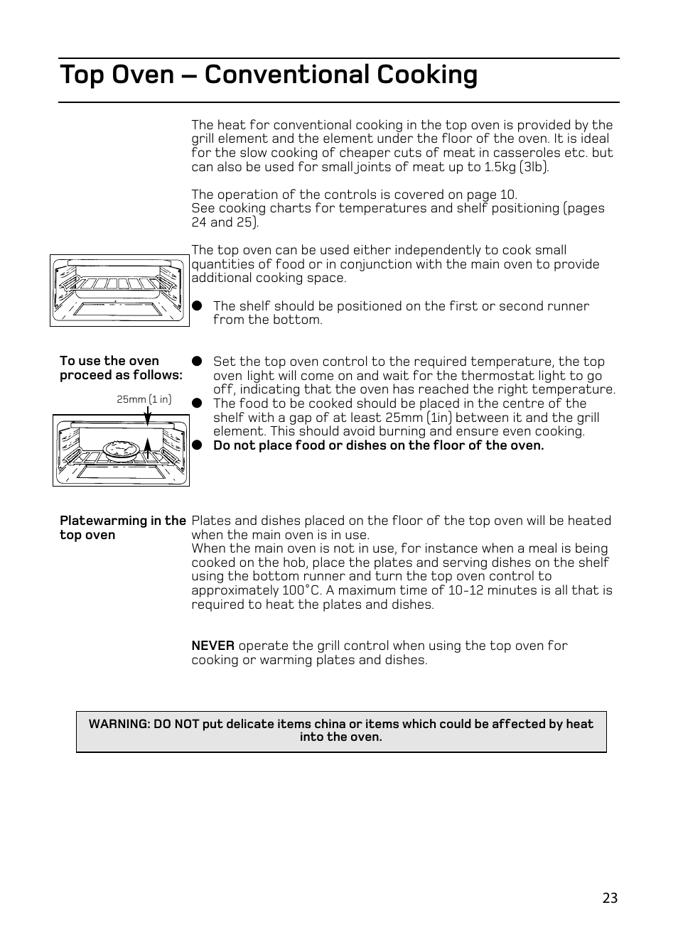 Top oven – conventional cooking | Hotpoint double oven cookers User Manual | Page 23 / 36