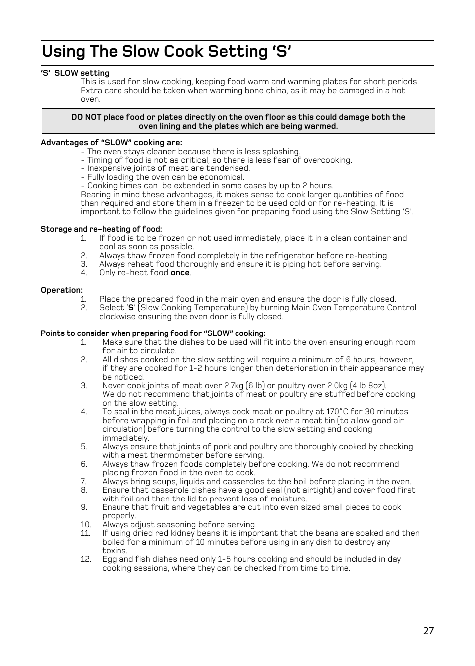 Using the slow cook setting ‘s | Hotpoint double oven cookers User Manual | Page 27 / 36