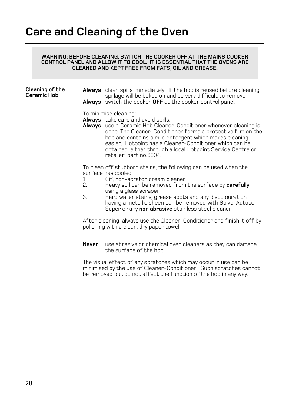 Care and cleaning of the oven | Hotpoint double oven cookers User Manual | Page 28 / 36