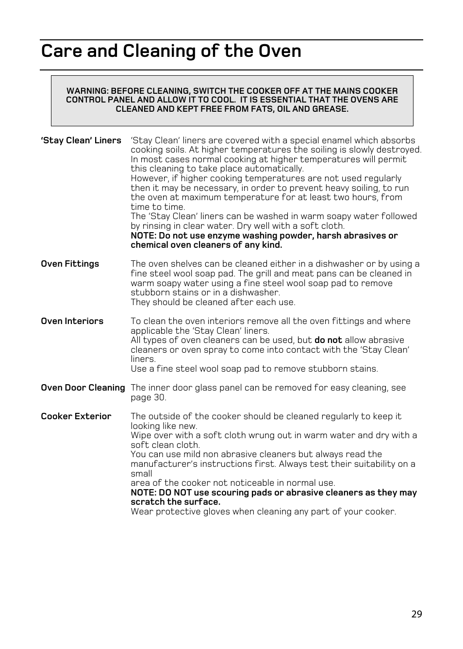 Care and cleaning of the oven | Hotpoint double oven cookers User Manual | Page 29 / 36