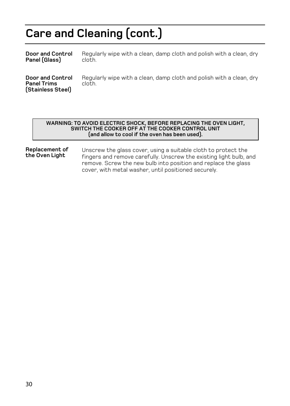 Care and cleaning (cont.) | Hotpoint double oven cookers User Manual | Page 30 / 36