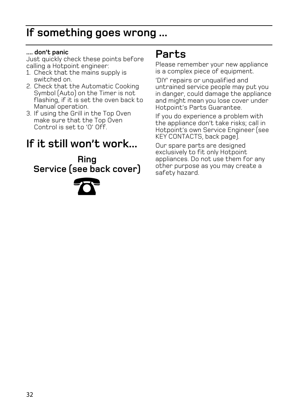 If it still won’t work, Parts, If something goes wrong | Hotpoint double oven cookers User Manual | Page 32 / 36