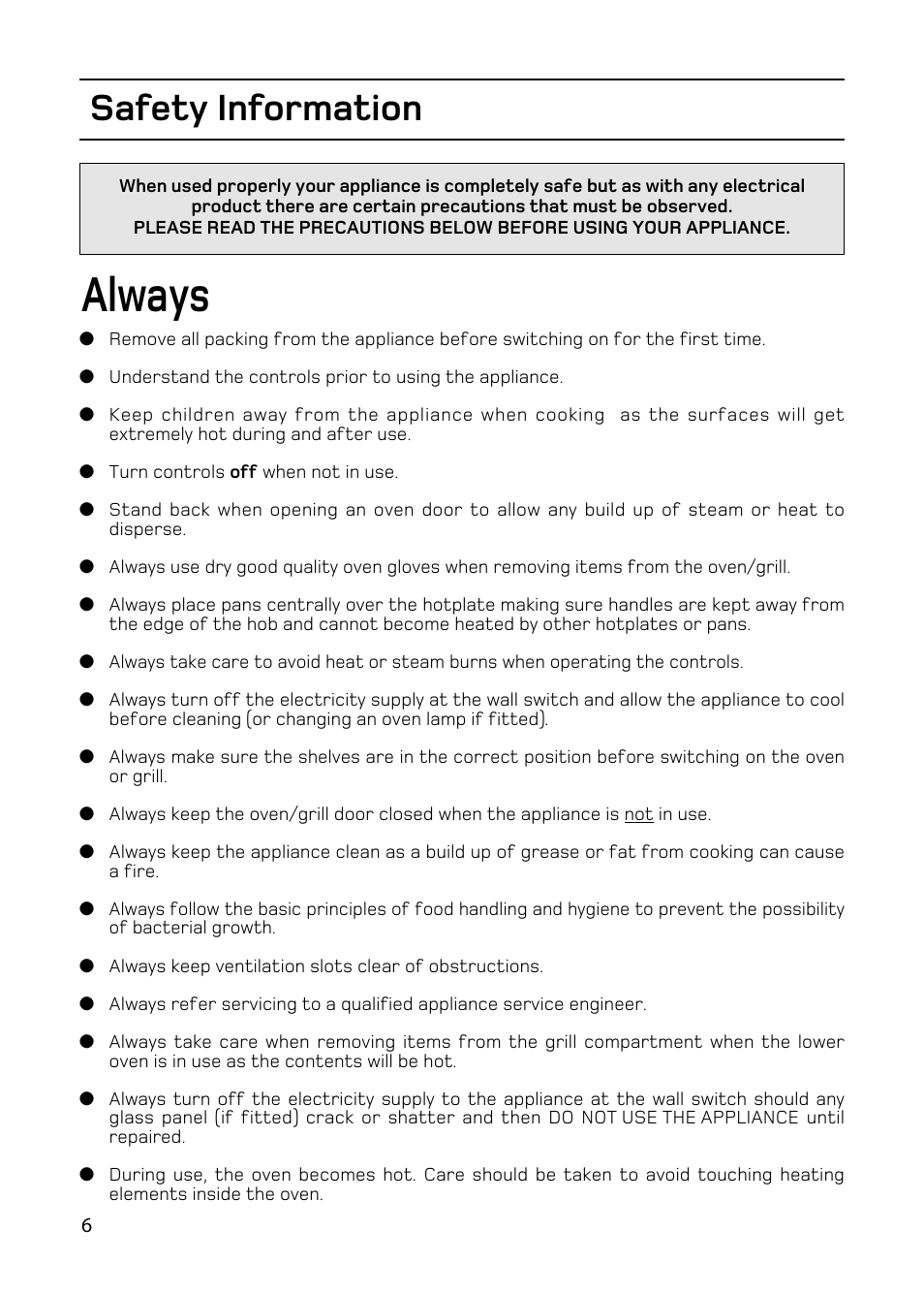 Always, Safety information | Hotpoint double oven cookers User Manual | Page 6 / 36