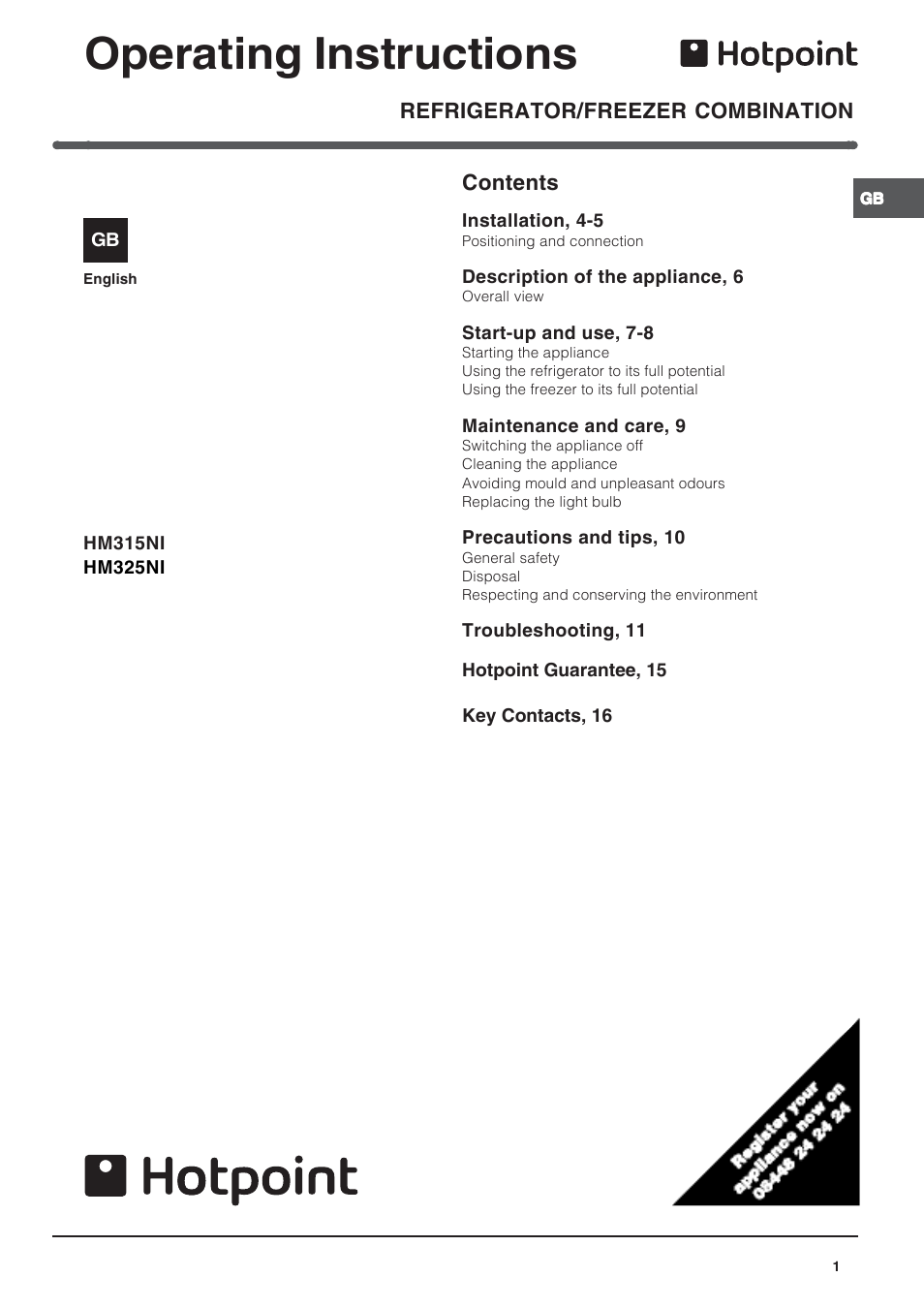 Hotpoint /Freezer Combination HM315NI User Manual | 12 pages