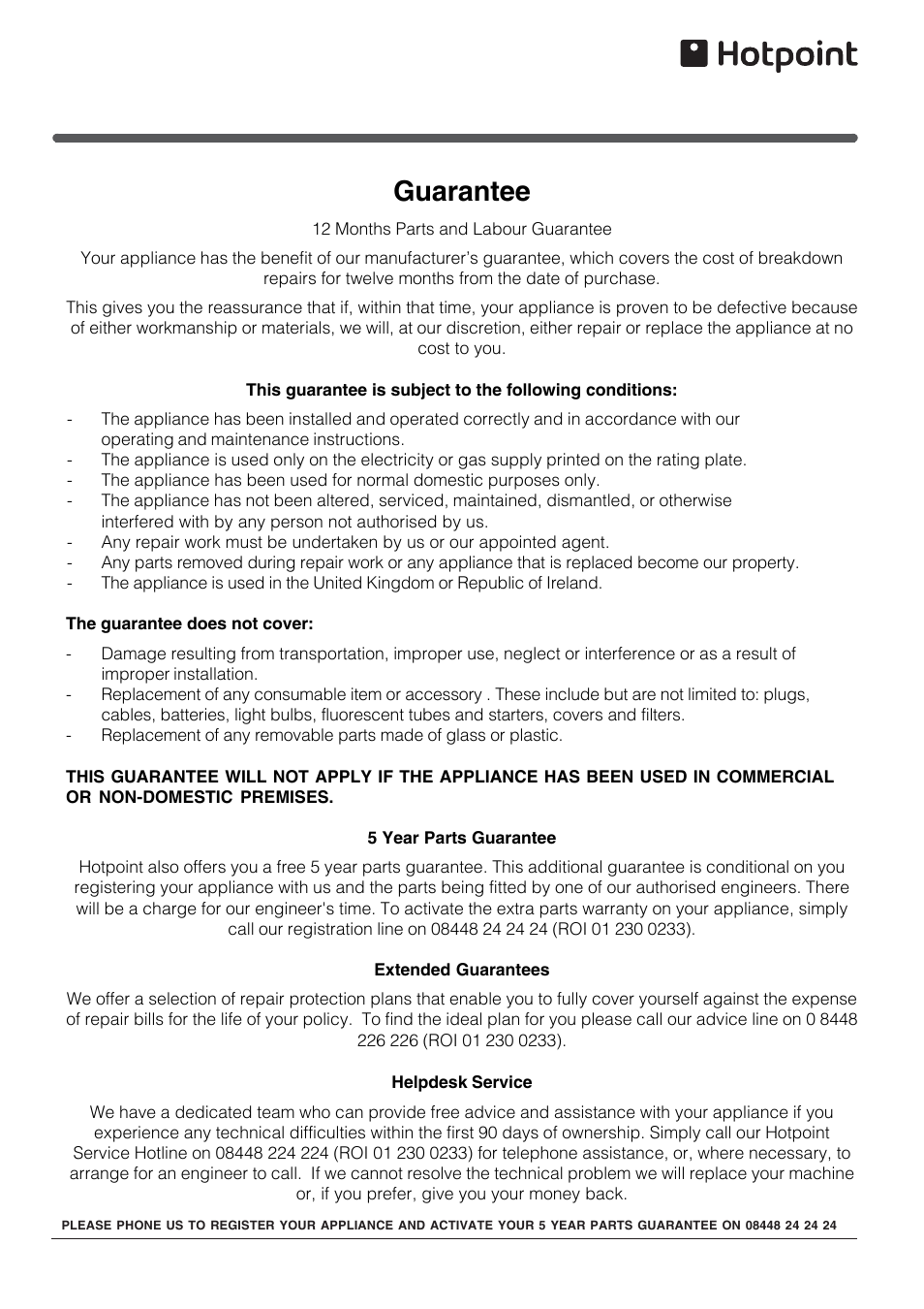 Guarantee | Hotpoint /Freezer Combination HM315NI User Manual | Page 11 / 12