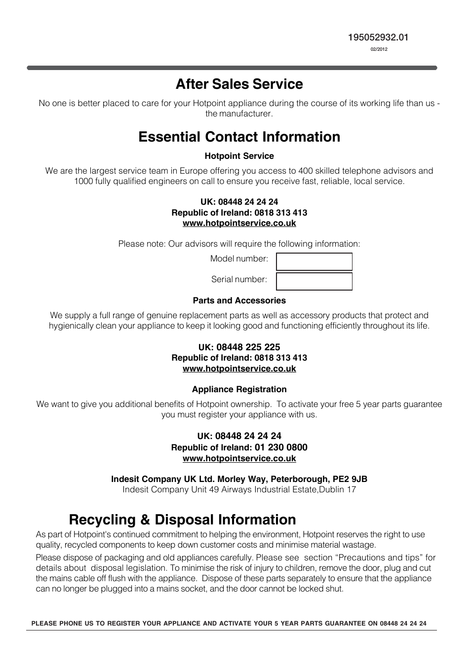 After sales service, Essential contact information, Recycling & disposal information | Hotpoint /Freezer Combination HM315NI User Manual | Page 12 / 12