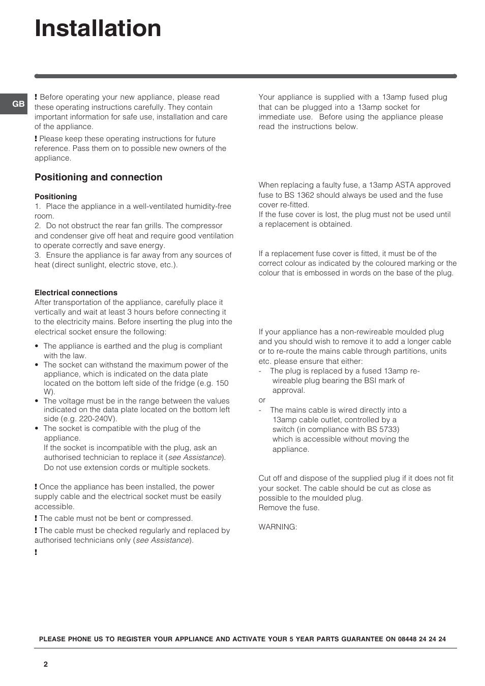 Installation | Hotpoint /Freezer Combination HM315NI User Manual | Page 2 / 12