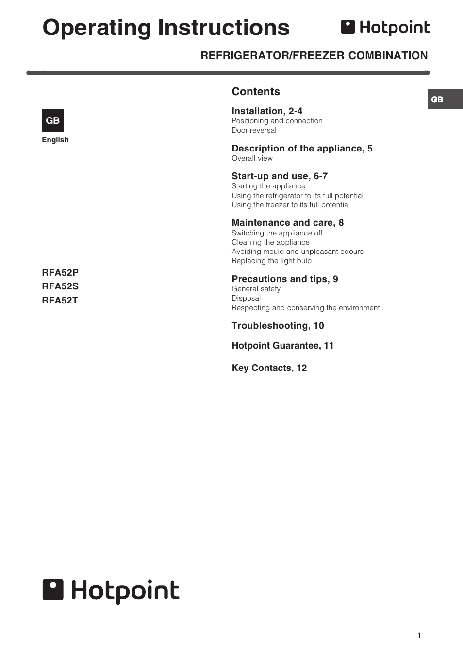 Hotpoint RFA52T User Manual | 12 pages