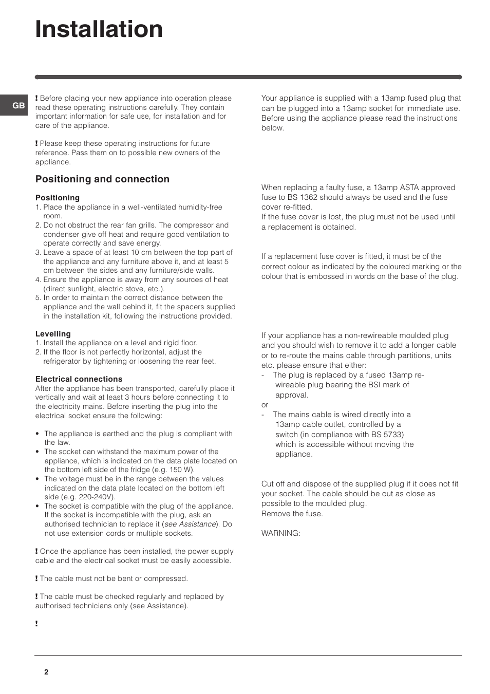 Installation, Positioning and connection | Hotpoint RFA52T User Manual | Page 2 / 12