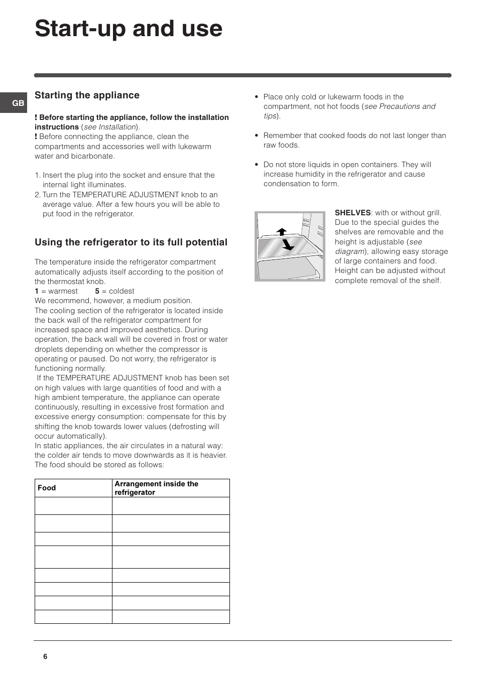Start-up and use, Starting the appliance, Using the refrigerator to its full potential | Hotpoint RFA52T User Manual | Page 6 / 12