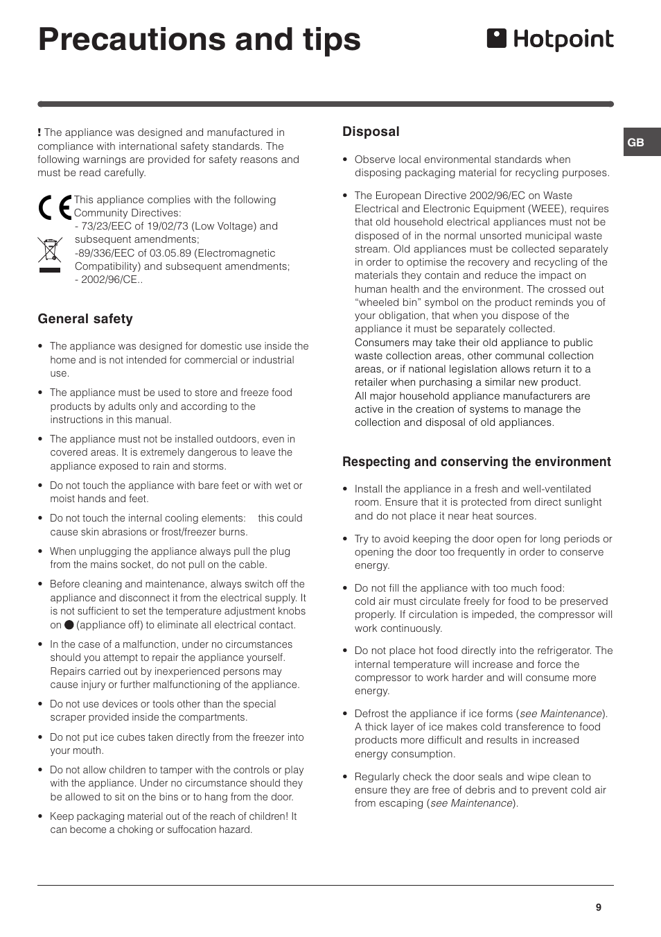 Precautions and tips | Hotpoint RFA52T User Manual | Page 9 / 12