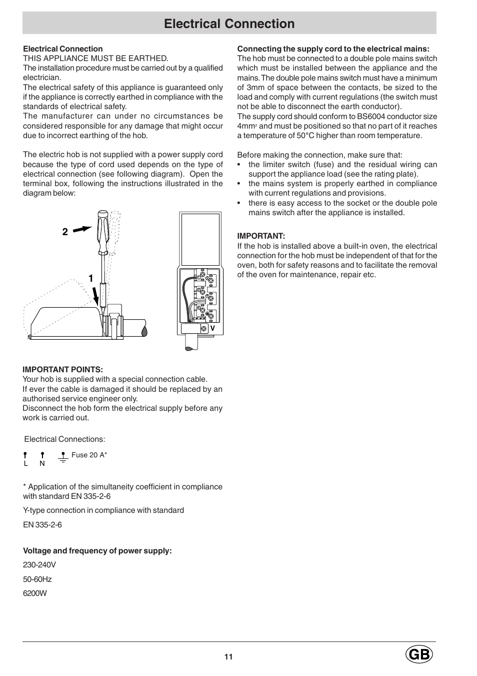 Electrical connection | Hotpoint E6004 User Manual | Page 11 / 16