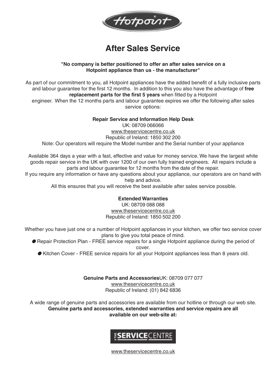 After sales service | Hotpoint E6004 User Manual | Page 14 / 16