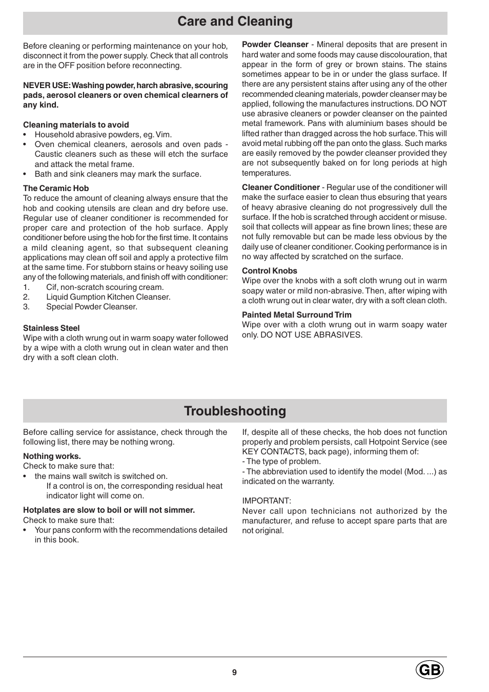 Care and cleaning troubleshooting | Hotpoint E6004 User Manual | Page 9 / 16