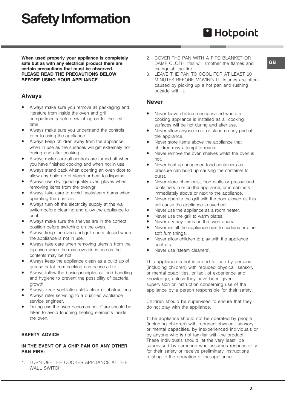 Safety information | Hotpoint UQ891 User Manual | Page 3 / 32