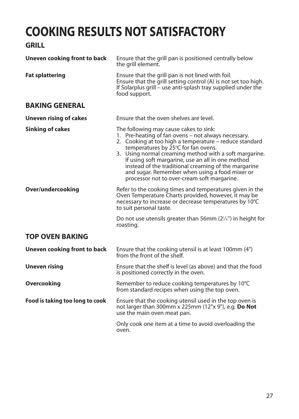 Cooking results not satisfactory, Grill, Baking general | Top oven baking | Hotpoint BU72 User Manual | Page 27 / 40