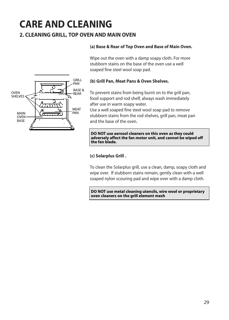 Care and cleaning, Cleaning grill, top oven and main oven | Hotpoint BU72 User Manual | Page 29 / 40