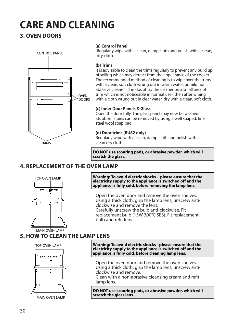 Care and cleaning, Oven doors, Replacement of the oven lamp | How to clean the lamp lens | Hotpoint BU72 User Manual | Page 30 / 40