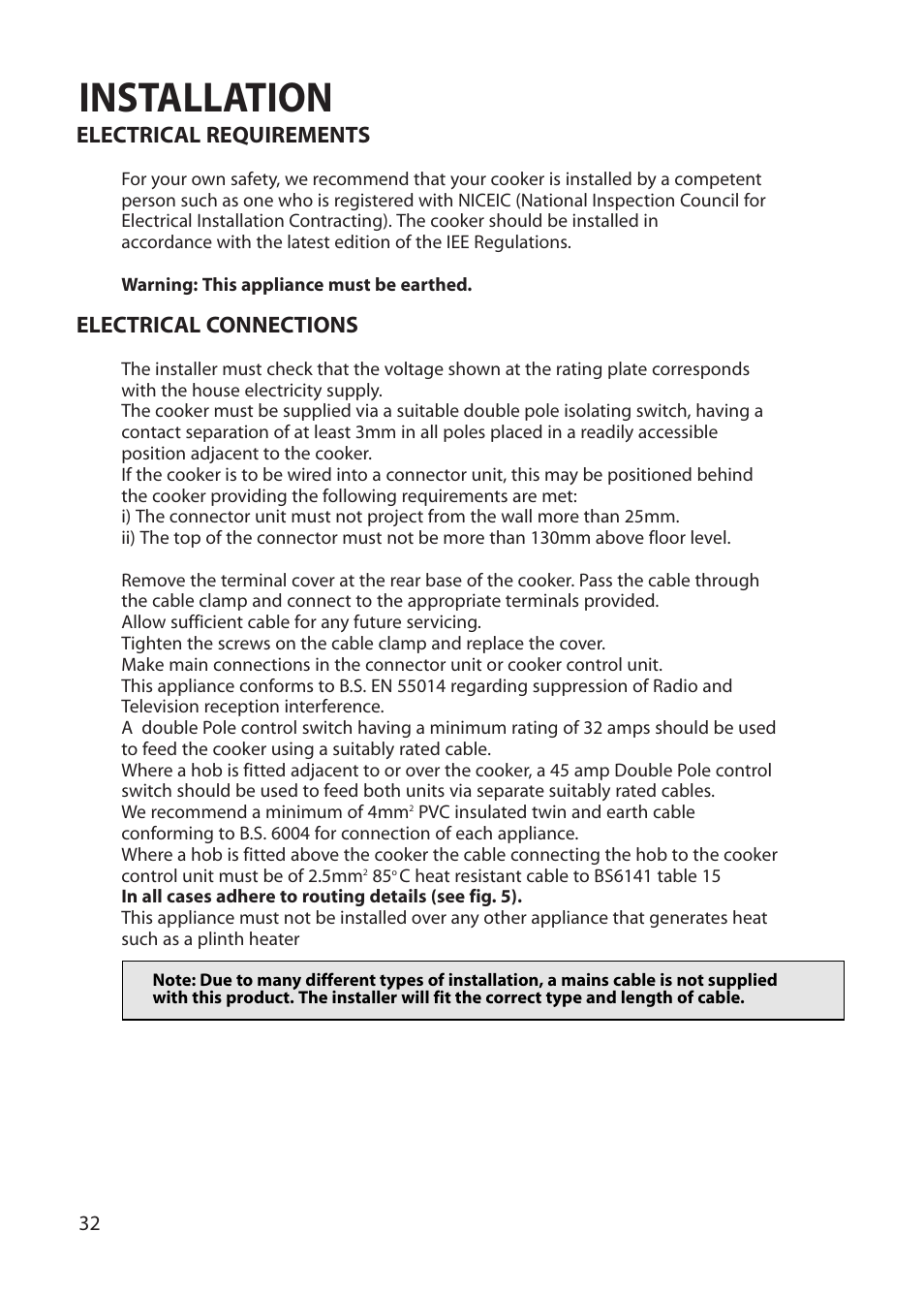 Installation, Electrical requirements, Electrical connections | Hotpoint BU72 User Manual | Page 32 / 40