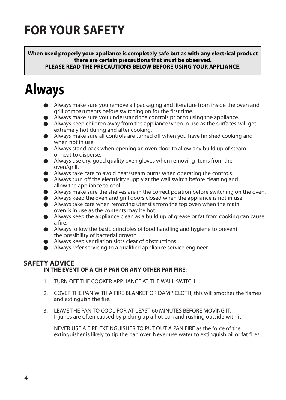 Always, For your safety | Hotpoint BU72 User Manual | Page 4 / 40