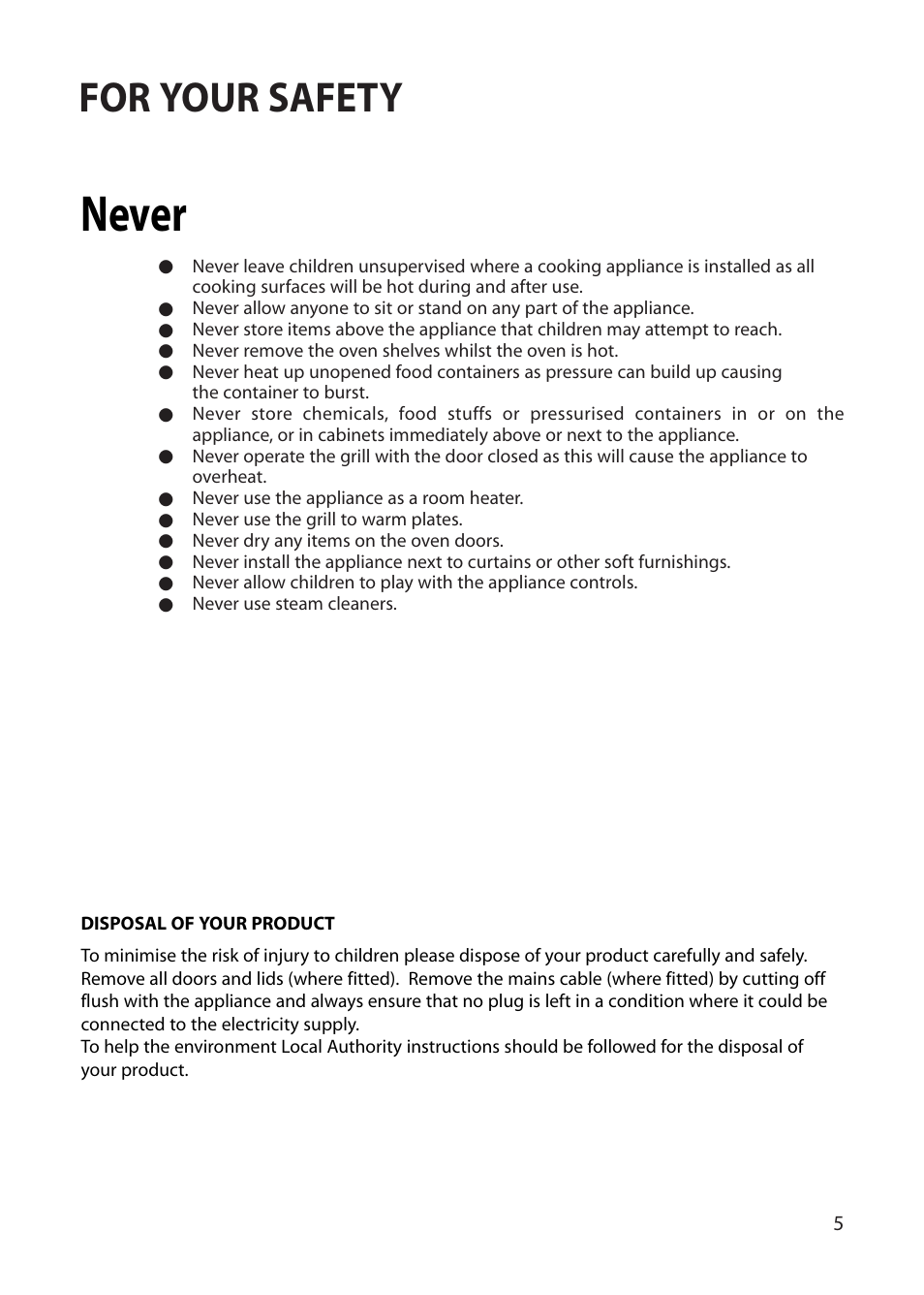 Never, For your safety | Hotpoint BU72 User Manual | Page 5 / 40