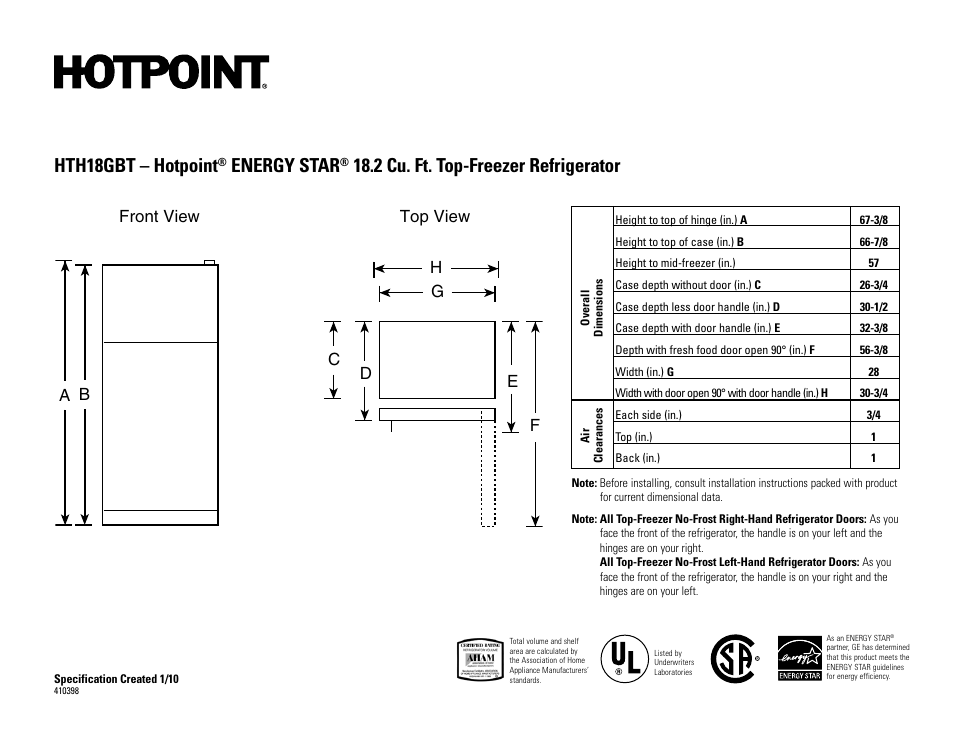 Hotpoint Energy Star HTH18GBTCC User Manual | 2 pages