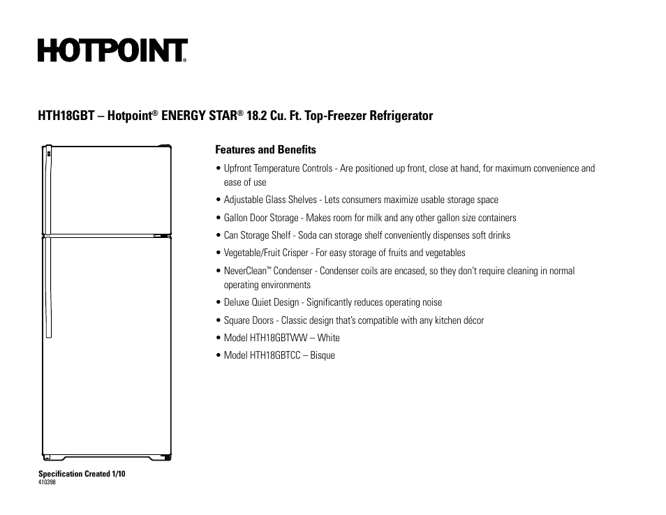 Hth18gbt – hotpoint, Energy star, 2 cu. ft. top-freezer refrigerator | Hotpoint Energy Star HTH18GBTCC User Manual | Page 2 / 2