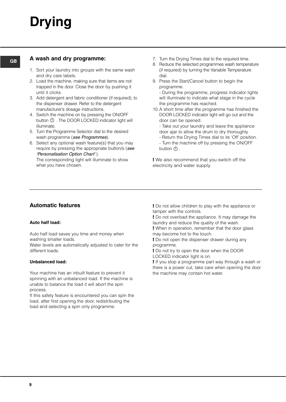 Drying | Hotpoint WD440 User Manual | Page 10 / 16