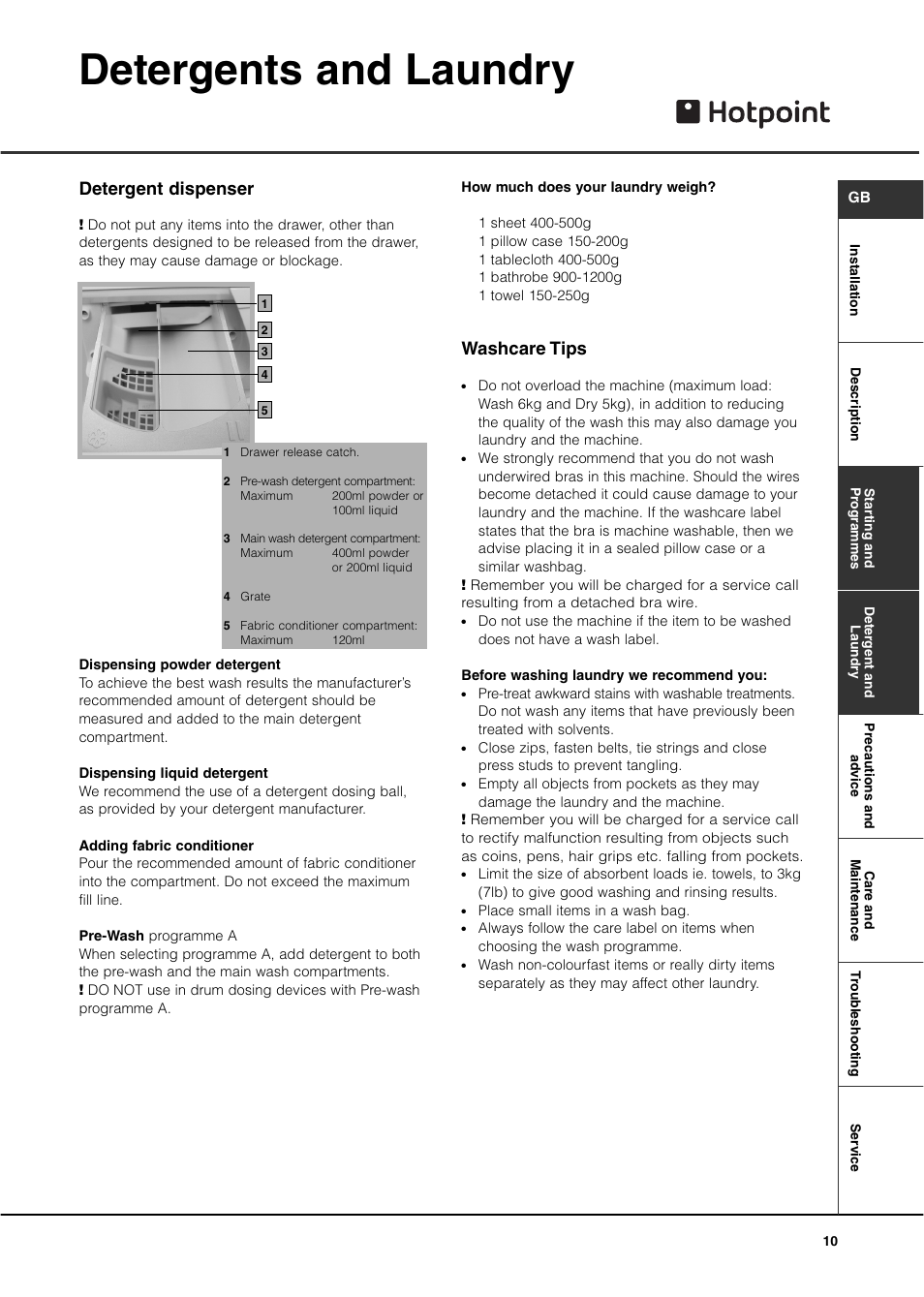 Detergents and laundry, Detergent dispenser, Washcare tips | Hotpoint WD440 User Manual | Page 11 / 16