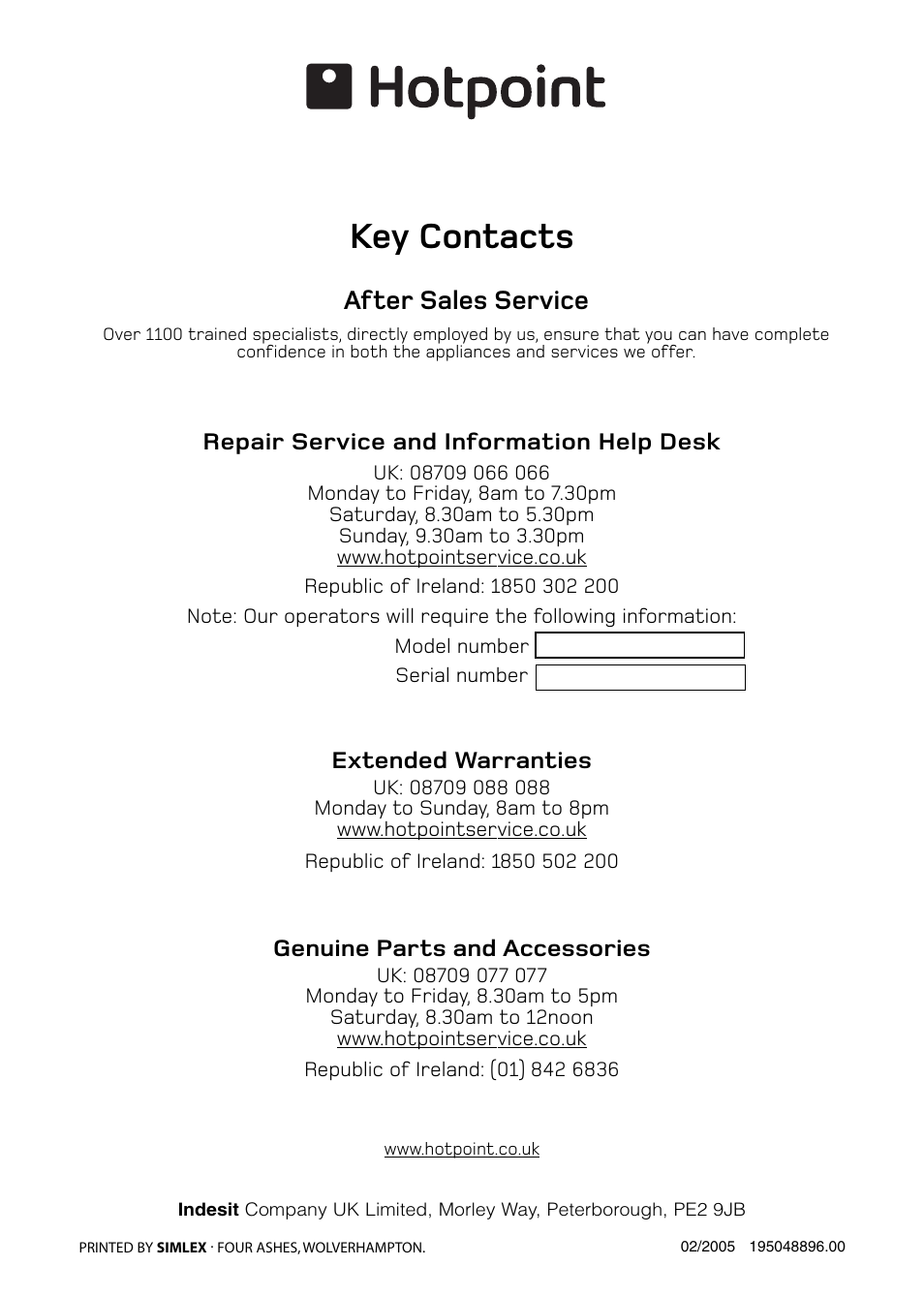 Key contacts, After sales service | Hotpoint WD440 User Manual | Page 16 / 16