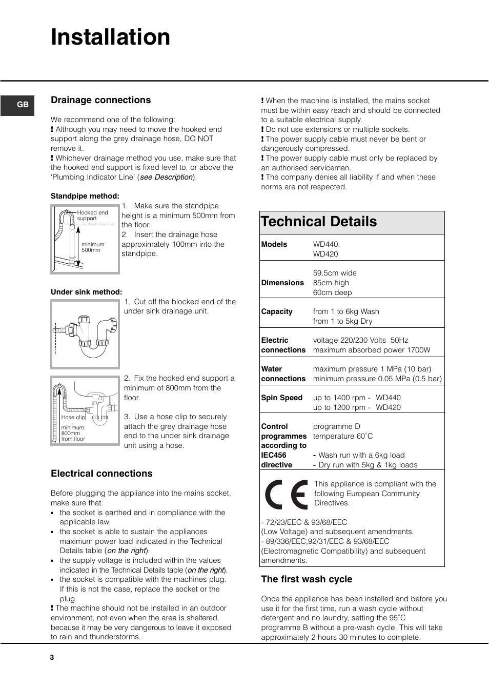 Installation, Technical details, The first wash cycle | Drainage connections, Electrical connections | Hotpoint WD440 User Manual | Page 4 / 16