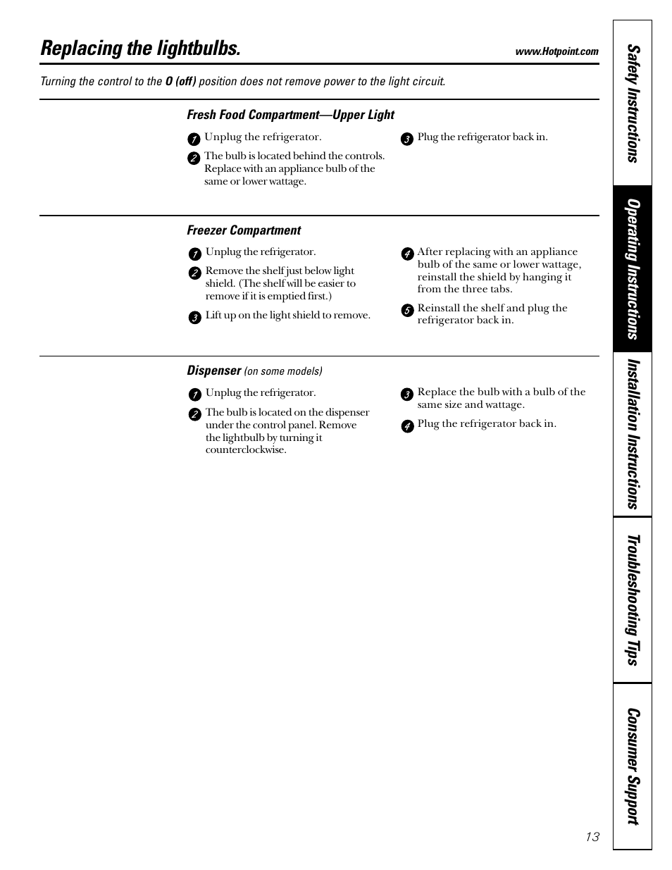 Replacing the lightbulbs | Hotpoint 22 User Manual | Page 13 / 88