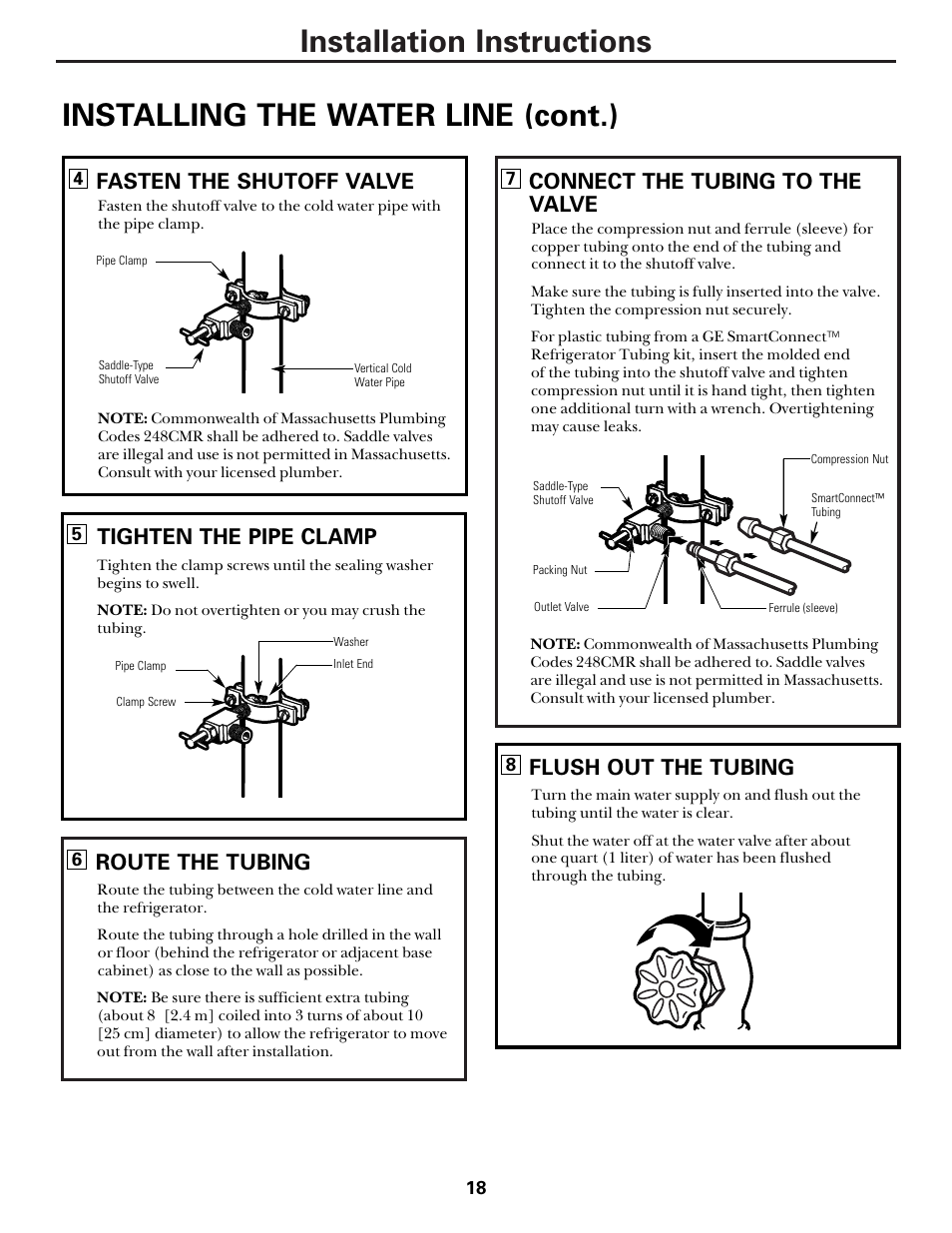 Installation instructions, Installing the water line (cont.), Connect the tubing to the valve | Flush out the tubing, Fasten the shutoff valve, Tighten the pipe clamp, Route the tubing | Hotpoint 22 User Manual | Page 18 / 88